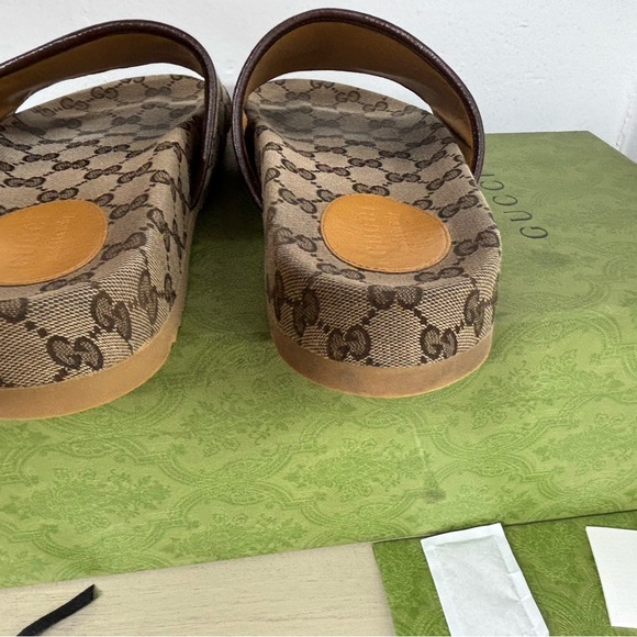 Gucci Beige and Brown Monogram Slides - Picture 8 of 12